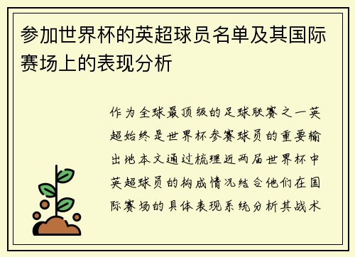 参加世界杯的英超球员名单及其国际赛场上的表现分析