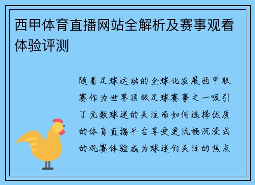 西甲体育直播网站全解析及赛事观看体验评测